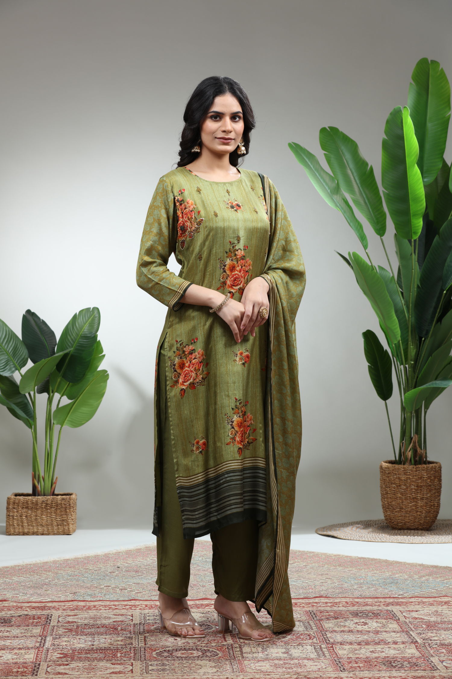 Olive Green 3 Piece Suit Set With Dupatta